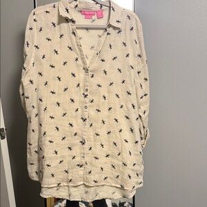 Isaac Mizrahi Beige Button Down Shirt with Black Dragonfly Print